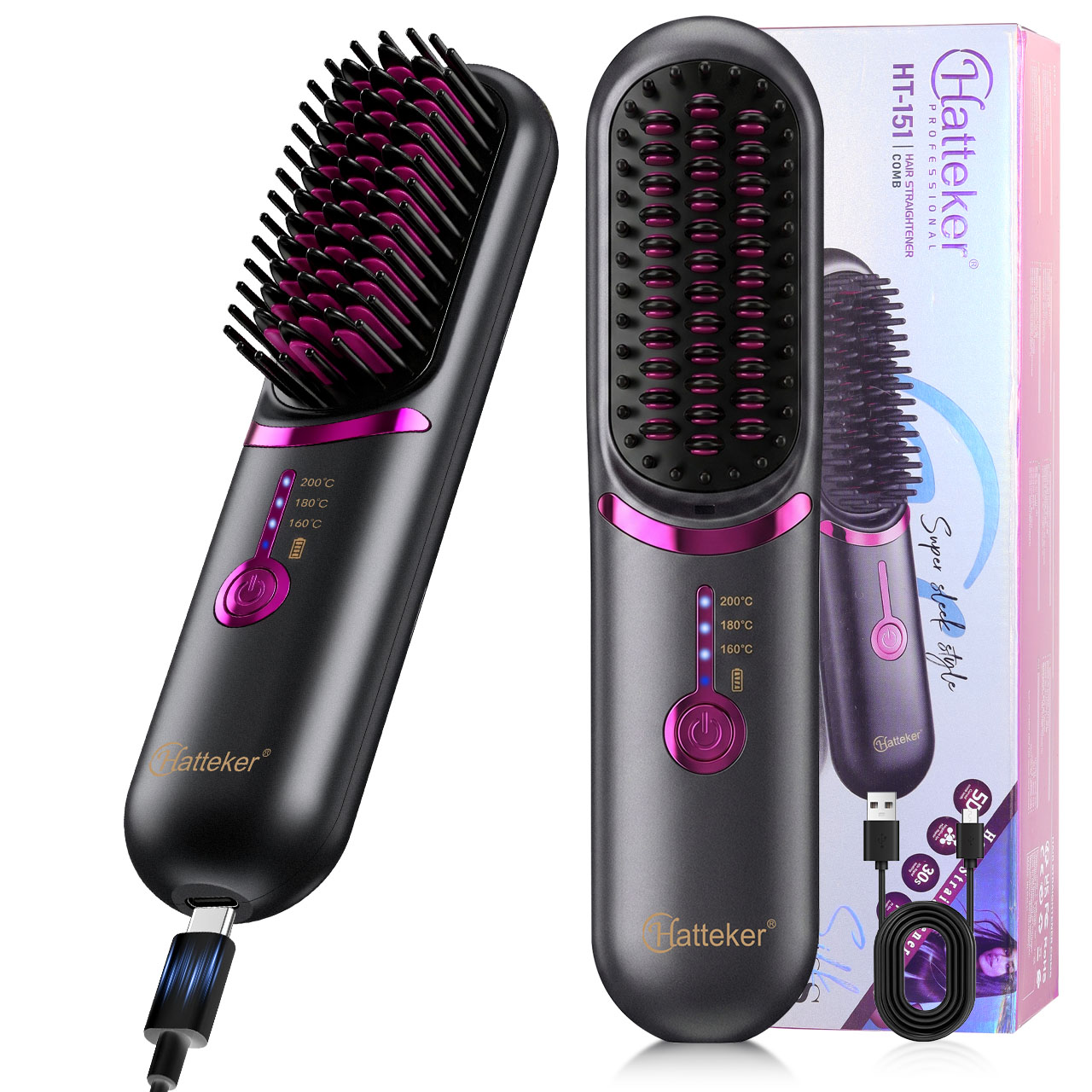 Hair Straightener - Peigne lisseur sans fil portable Hatteker,